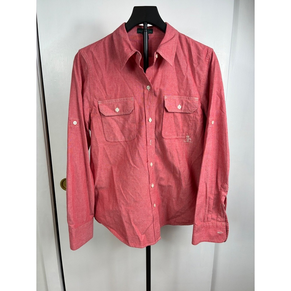 Lauren Ralph Lauren Womens Coral Red Chambray Button Down Shirt Anchor Logo LRL